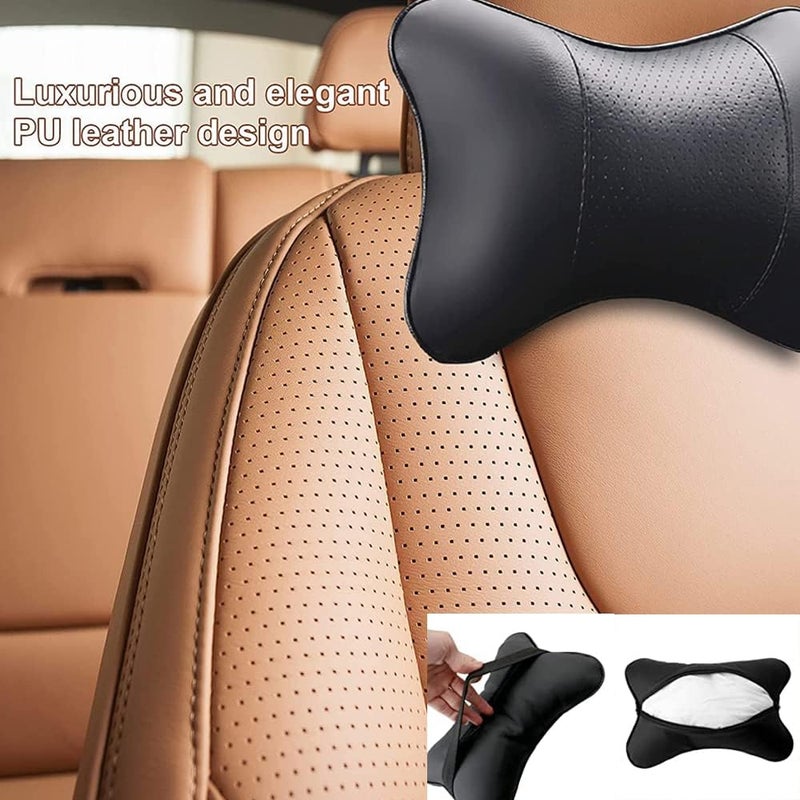 Assafco 2 pcs car head neck rest support pillow bone shaped pu leather tn-bkbr - Image 3