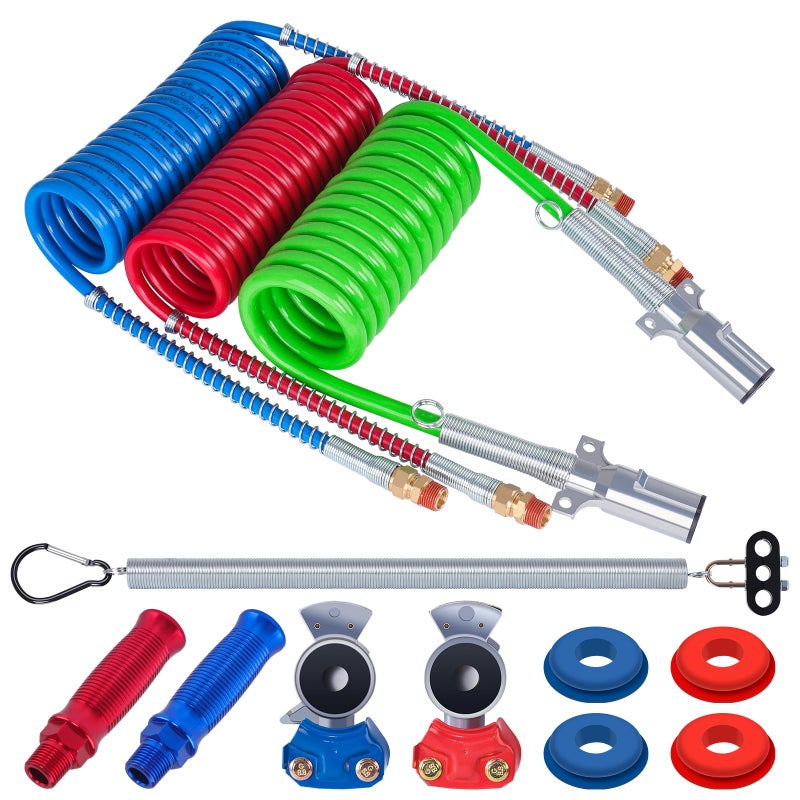 CheeMuii 15 Ft Coiled Air Brake Hoses ABS Electrical Power Wire Assembly with Tender Spring Kit and Gladhands Handles 3 in 1 Semi Truck Air Lines Kit Include 7 Way Trailer Cord and Air Hoses