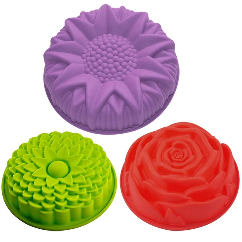 SENHAI 3 Pack Flower Shape Silicone Cake Bread Pie Flan Tart Molds Large Round Sunflower Chrysanthemum Rose Shape NonStick Baking Trays for Birthday Party DIY YellowRedPurple
