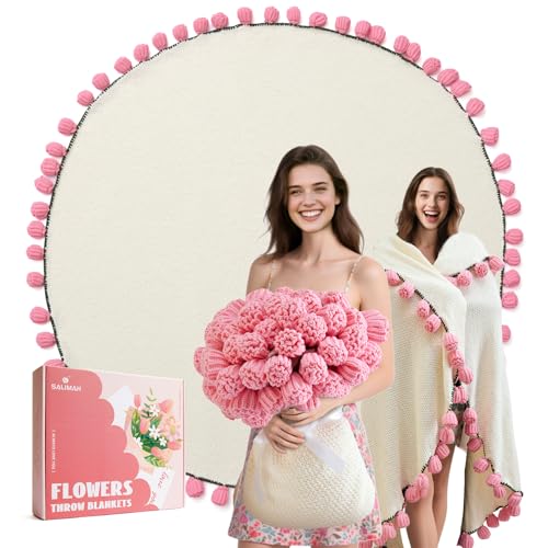 SALIMAH Flower Bouquet Blanket Birthday Gifts for Mom Teacher Women Grandkids Wife Girlfriend Her Crochet Flower Blanket Soft Knitted Throw Blankets for Teacher Appreciation Housewarming Gifts Pink roses - Image 1