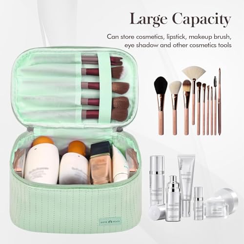 Massmot Cosmetic Bag for Women, Travel Makeup Bag, Large Capacity Makeup Organizer Bag and Storage, Portable PU Leather Pouch Toiletry Bag, with Handle Cosmetic Bags for Women (Green) - Image 2
