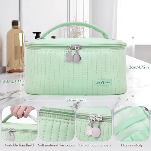 Massmot Cosmetic Bag for Women, Travel Makeup Bag, Large Capacity Makeup Organizer Bag and Storage, Portable PU Leather Pouch Toiletry Bag, with Handle Cosmetic Bags for Women (Green) - Image 3