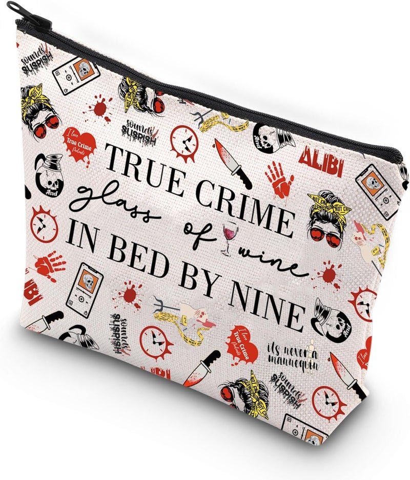 WCGXKO WCGXKO True Crime Gift Wine Lover Gift True Crime Glass Of Wine In Bed By Nine Zipper Pouch Makeup Bag (IN BED BY NINE) 