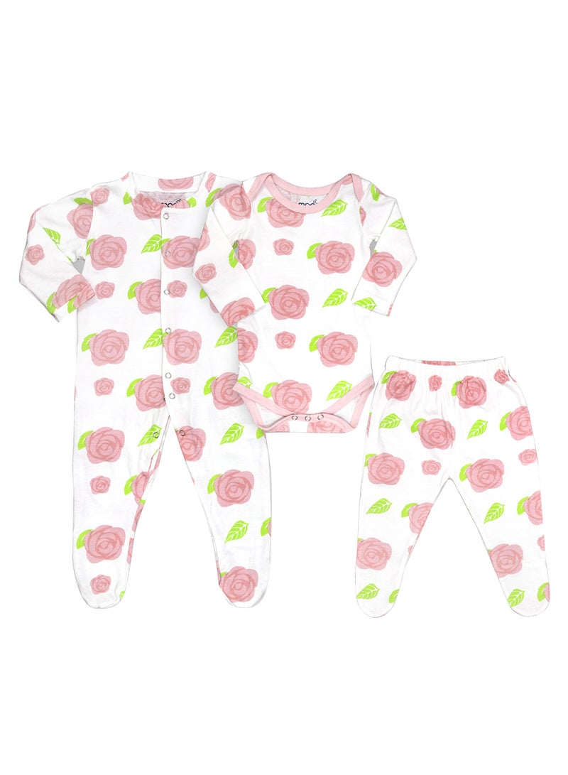 Moon Organic Baby 3 In 1 Gift Set Romper Body Suit Jogger For 0-3 Months - Rose Print - Image 1