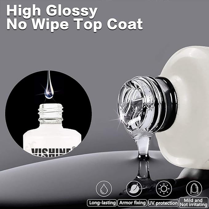 Vishine فيشين 15مل لا مسح طلاء القاعدة و الطلاء العلوي قابل للإزالة بتقنية UV LED للتجفيف السريع ولمعان طويل الأمد لمجموعة طلاء الأظافر (عبوة من 2) - Image 5