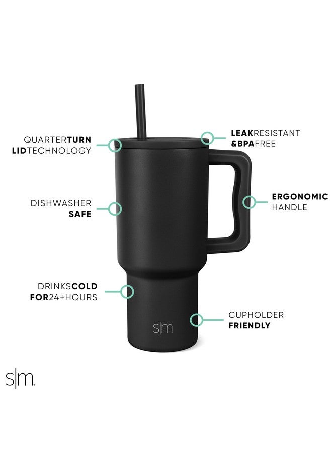 سيمبل مودرن كوب تريك بسيط وعصري، سعة 30 أونصة، بمقبض وغطاء من القش | كوب سفر معزول من الفولاذ المقاوم للصدأ، مناسب لحامل الأكواب | أسود داكن - Image 1