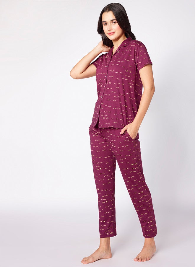beebelle Burgundy Graphic Printed Night Suit - Image 4