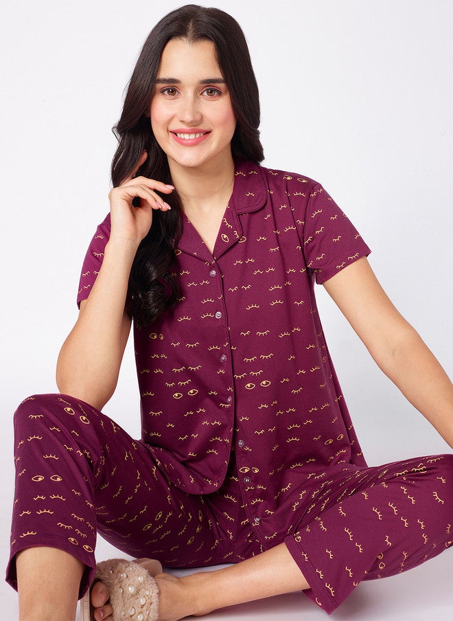 beebelle Burgundy Graphic Printed Night Suit - Image 1