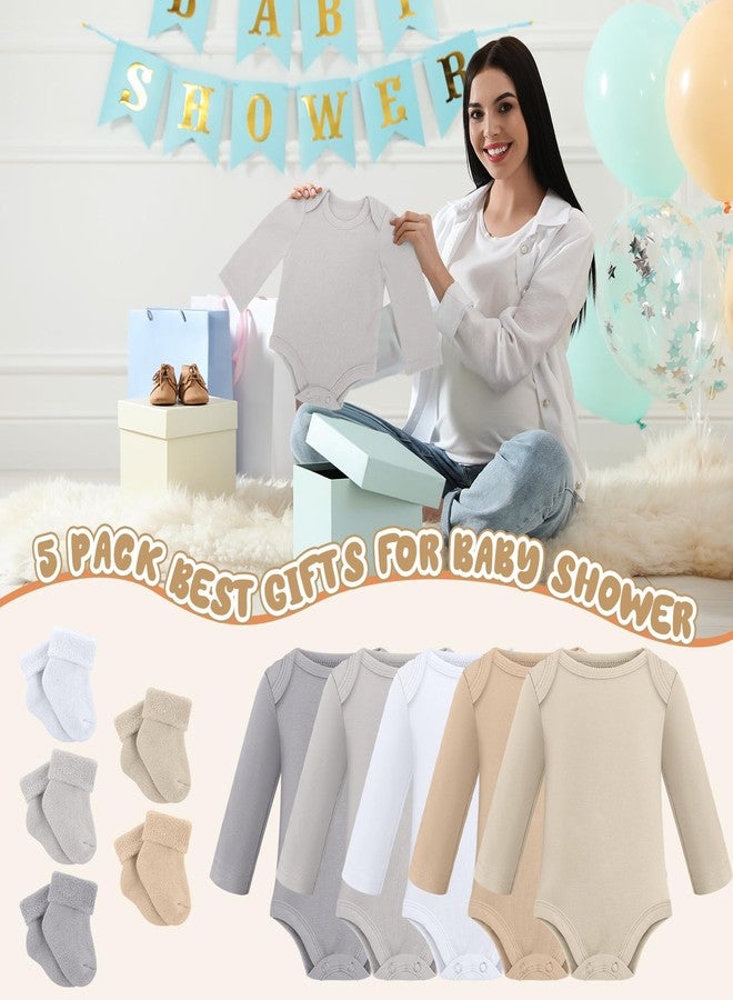 Glitopper 5 Pack Preemie Long Sleeve Bodysuit Preemie Layette Set Bodysuit Socks Set for Boys Girls NICU Gift(Classic,Neutral) - Image 4