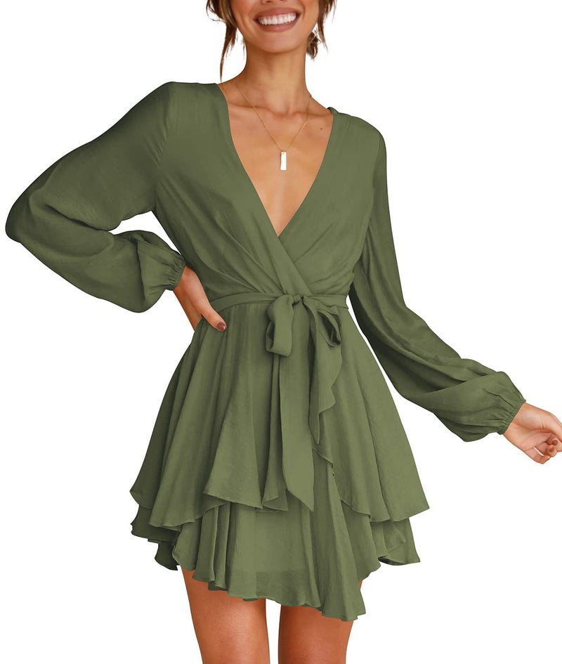 Cosonsen Womens Skater Dress Deep V-Neck Long Balloon Sleeve Flowy Ruffle Dress Green M - Image 4