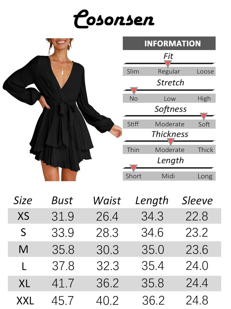 Cosonsen Womens Skater Dress Deep V-Neck Long Balloon Sleeve Flowy Ruffle Dress Green M - Image 5