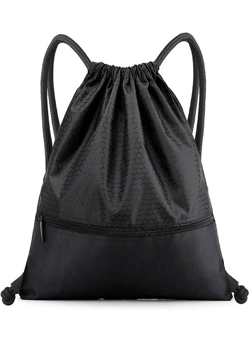 YOUGE Drawstring Backpack,Sports Canvas Bag,Waterproof Oxford Fabric Drawstring Bag,Swimming Bag,Basketball Bag,Soccer Bag,Zipper 43*49cm(Black)  - Image 1