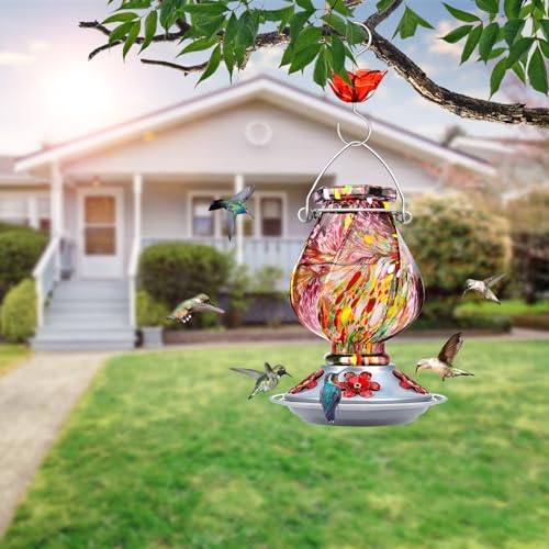 BOLITE Hummingbird Feeder, Hand Blown Glass Hummingbird Feeders for Outdoors Hanging, with Ant Moat and 5 Feeding Ports, 22 Ounces, Purple, Birthday Gifts for Women Men, Gifts for Mom Dad - Image 2