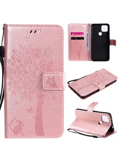 HuHa Case Cover For For Google Pixel 4a 5G / Pixel 5 XL Tree & Cat Embossed Pattern Horizontal Flip Leather Case with Holder & Card Slots & Wallet & Lanyard(Rose Gold) 