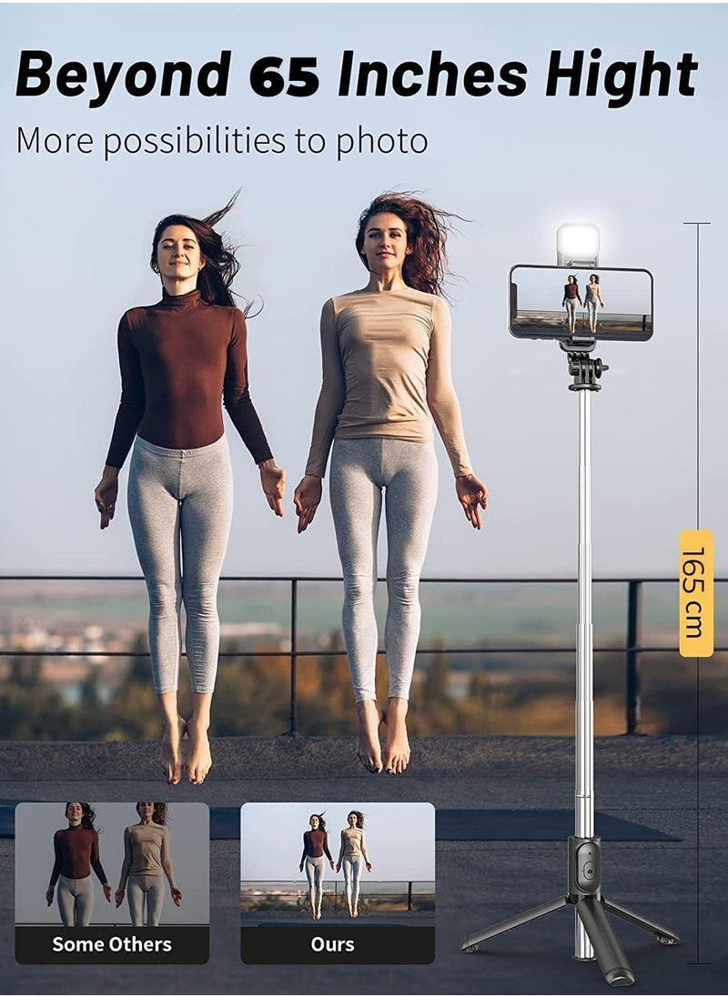 Selfie Stick Tripod with Fill Light, 167cm Extendable Phone Tripod Stand with Remote Shutter for Travel, Vlogging, Live Streaming Video and Photos,Phone Stand Compatible with iPhone and Android