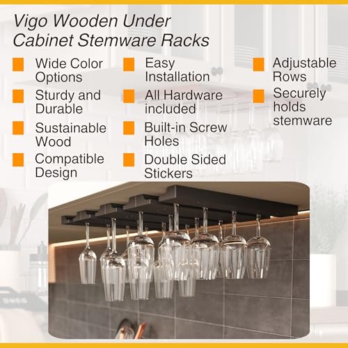 Rustic State Vigo 4 Sectional Adjustable Under Cabinet Mount Wood Stemware Rack Hanging Shelf Glassware Holder Bar Organizer with up to 12 Wine Glass Storage 12 Inch Deep Black - Image 3