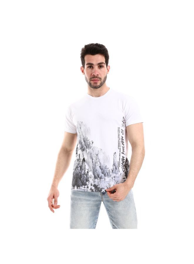 Pavone Self Patterned Round Neck Short Sleeves White T-Shirt  - Image 1