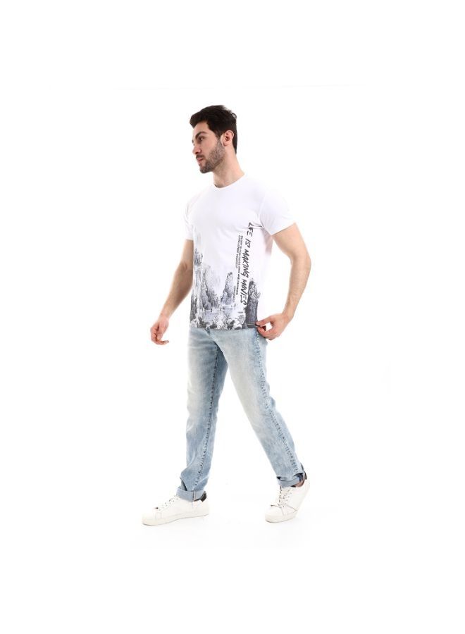 Pavone Self Patterned Round Neck Short Sleeves White T-Shirt  - Image 5