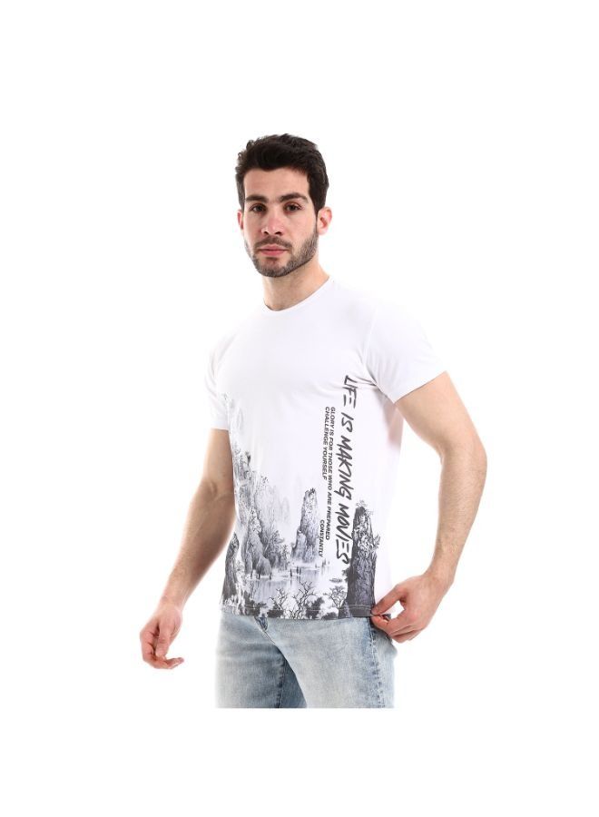 Pavone Self Patterned Round Neck Short Sleeves White T-Shirt  - Image 2