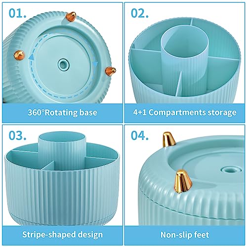 Marbrasse Desk Organizer, 360-Degree Rotating Pen Holder, Desk Organizers and Accessories with 5 Compartments Pencil Holder, Art Supply Storage Box Caddy for Office, Home（Light Blue） - Image 4