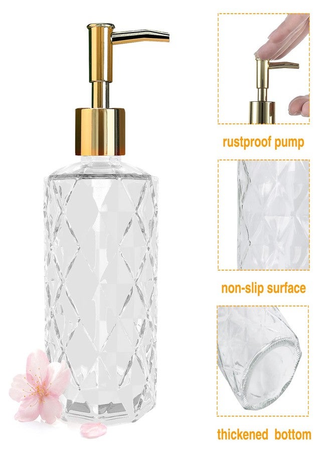Ulable Clear Glass Soap Dispenser with Gold Plastic Pump, 2 Pack 12oz Diamond Hand Soap Dispenser, Refillable Lotion Dispenser & Dish Bathroom Dispenser for Liquid, Shower Gel - Image 3