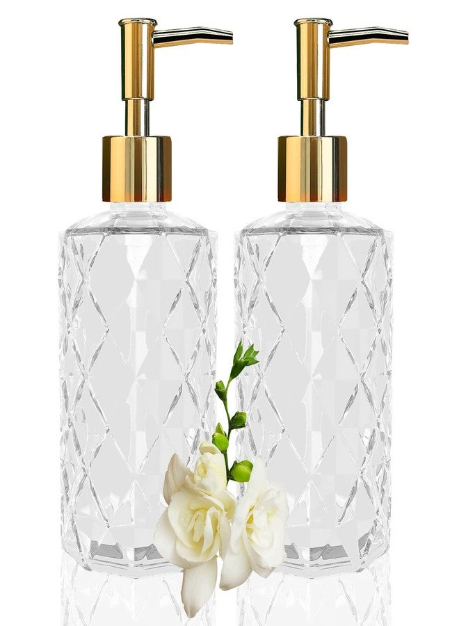 Ulable Clear Glass Soap Dispenser with Gold Plastic Pump, 2 Pack 12oz Diamond Hand Soap Dispenser, Refillable Lotion Dispenser & Dish Bathroom Dispenser for Liquid, Shower Gel - Image 1