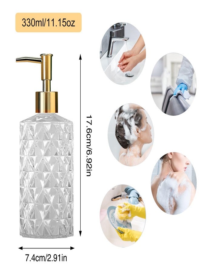 Ulable Clear Glass Soap Dispenser with Gold Plastic Pump, 2 Pack 12oz Diamond Hand Soap Dispenser, Refillable Lotion Dispenser & Dish Bathroom Dispenser for Liquid, Shower Gel - Image 2