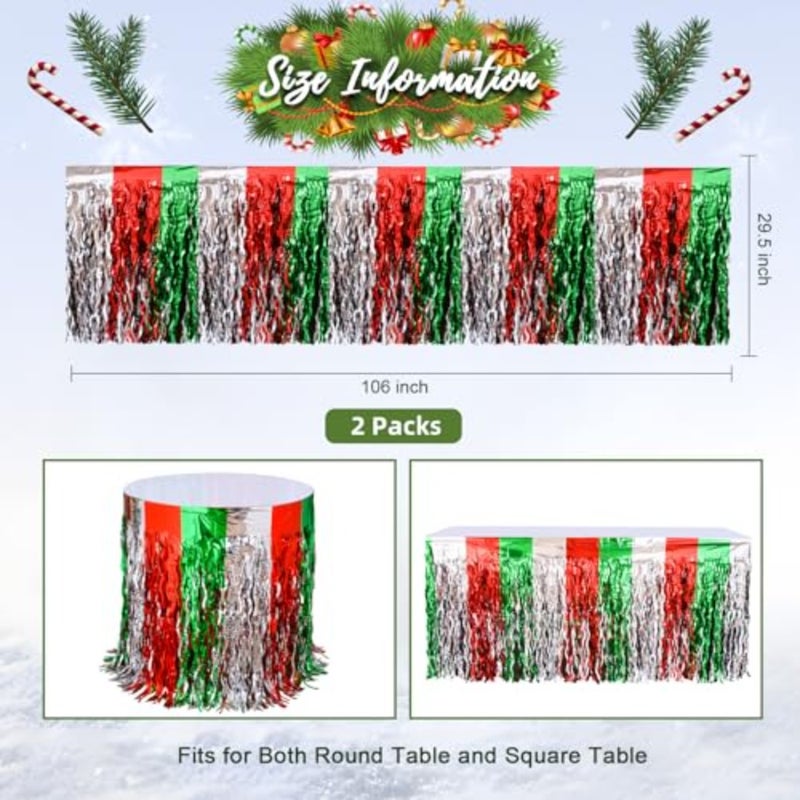 LOLStar Christmas Party Decorations, 2 Pack Red White and Green Wavy Metallic Tinsel Foil Fringe Table Skirt for Rectangle and Round Tables, Perfect Table Decorations for Christmas Ugly Sweater Party - Image 5