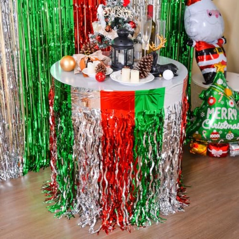 LOLStar Christmas Party Decorations, 2 Pack Red White and Green Wavy Metallic Tinsel Foil Fringe Table Skirt for Rectangle and Round Tables, Perfect Table Decorations for Christmas Ugly Sweater Party - Image 4