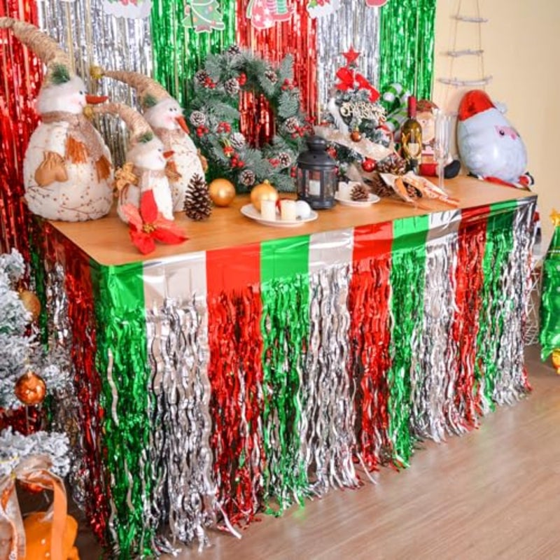 LOLStar Christmas Party Decorations, 2 Pack Red White and Green Wavy Metallic Tinsel Foil Fringe Table Skirt for Rectangle and Round Tables, Perfect Table Decorations for Christmas Ugly Sweater Party - Image 1