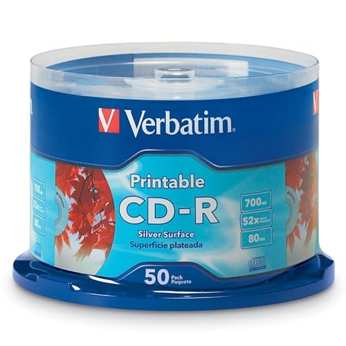 Verbatim CDR Blank Discs 700MB 80 Minutes 52X Silver Inkjet Printable Surface 50pk Spindle