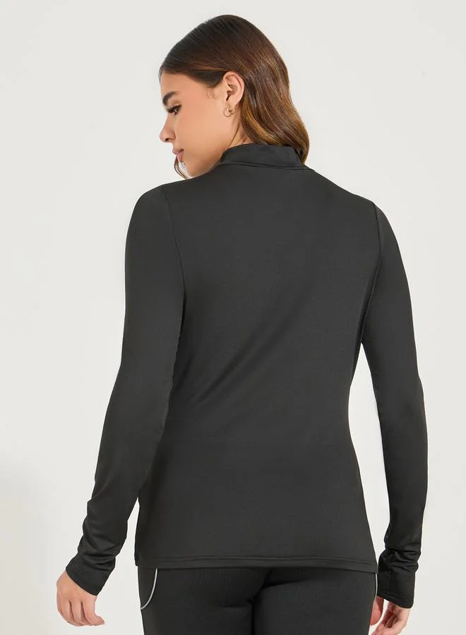 Styli Text Detail Half Zip-Up Long Sleeve Top
