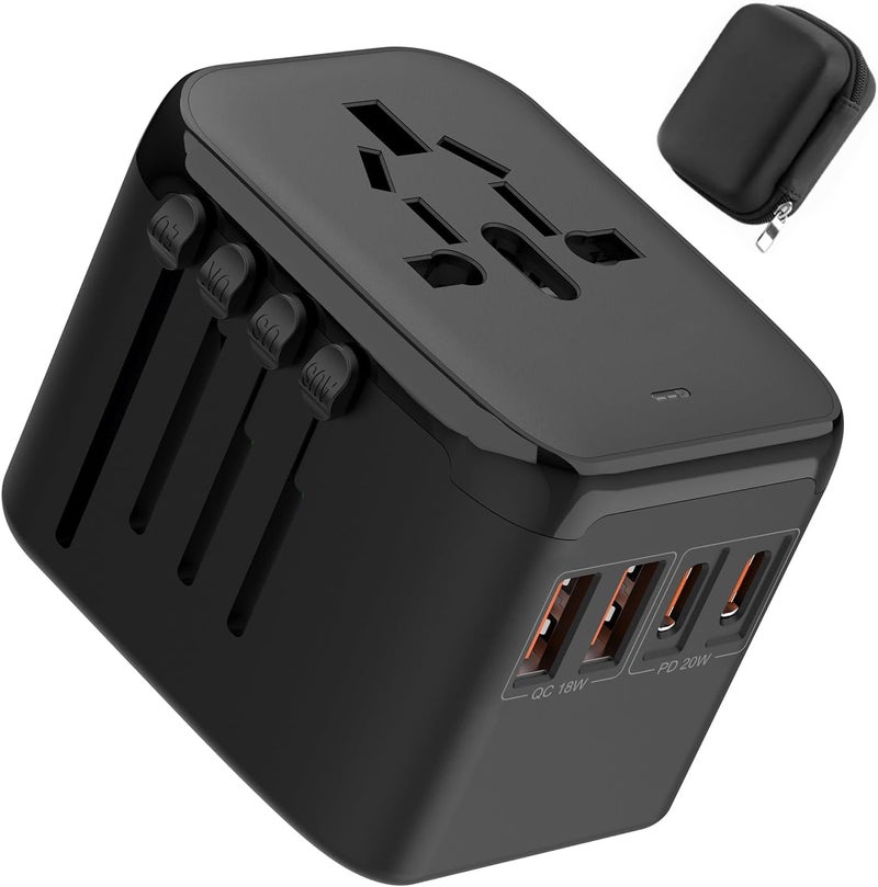 نكومي محول السفر العالمي من نيكومي مع منفذي USB ومنفذي Type-C للولايات المتحدة والاتحاد الأوروبي والمملكة المتحدة وأستراليا، مزود بصمامين وثمانية حمايات رئيسية، شحن سريع بقوة 20 واط، موديل جديد ومطور (أسود جديد مع حقيبة تخزين) - Image 1