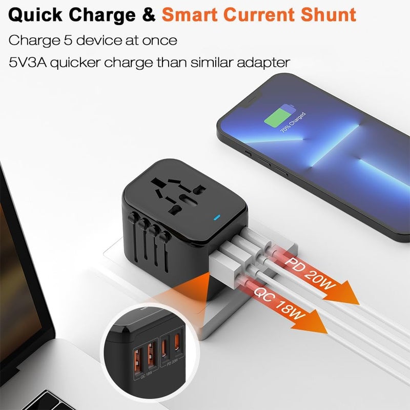 نكومي محول السفر العالمي من نيكومي مع منفذي USB ومنفذي Type-C للولايات المتحدة والاتحاد الأوروبي والمملكة المتحدة وأستراليا، مزود بصمامين وثمانية حمايات رئيسية، شحن سريع بقوة 20 واط، موديل جديد ومطور (أسود جديد مع حقيبة تخزين) - Image 3