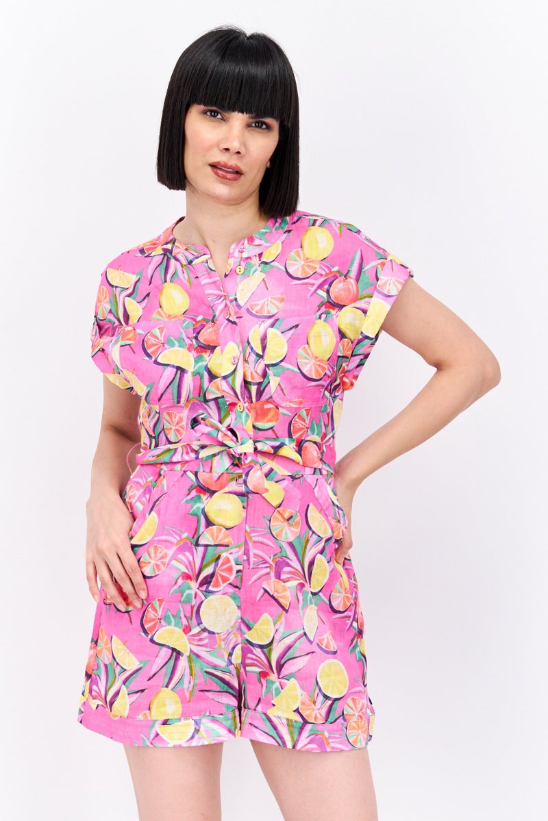 Scotch & Soda Women Floral Print Short Sleeve Jumpsuit, Pink Combo - Image 1