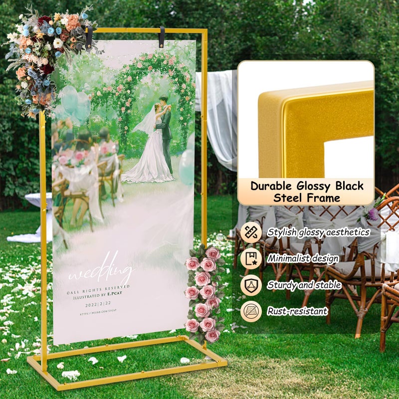 WEIDLUDOR Elegant Wedding Sign Stand & Holderï¼ŒGolden Heavy Duty Metal Wedding Welcome Sign Stand for Receptionï¼ŒWelcome to Our Wedding Hanging Sign Stand - Perfect for Seating Chart, Posters, and Decor - Image 4