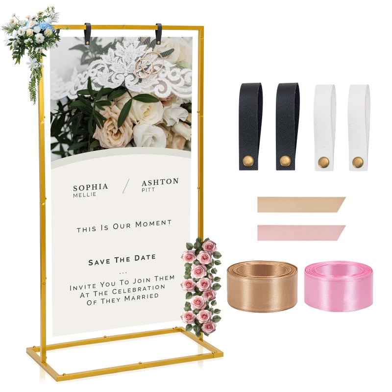 WEIDLUDOR Elegant Wedding Sign Stand & Holderï¼ŒGolden Heavy Duty Metal Wedding Welcome Sign Stand for Receptionï¼ŒWelcome to Our Wedding Hanging Sign Stand - Perfect for Seating Chart, Posters, and Decor - Image 1
