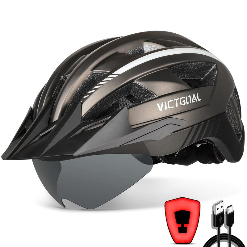 VICTGOAL Bike Helmet with USB Rechargeable Rear Light Detachable Magnetic Goggles Removable Sun Visor Mountain & Road Bicycle Helmets for Men Women Adult Cycling Helmets (L: 57-61 cm, Ti) - Image 1