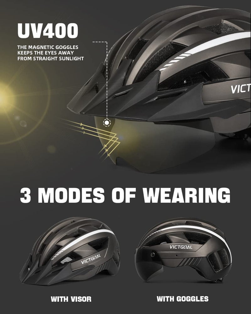 VICTGOAL Bike Helmet with USB Rechargeable Rear Light Detachable Magnetic Goggles Removable Sun Visor Mountain & Road Bicycle Helmets for Men Women Adult Cycling Helmets (L: 57-61 cm, Ti) - Image 2