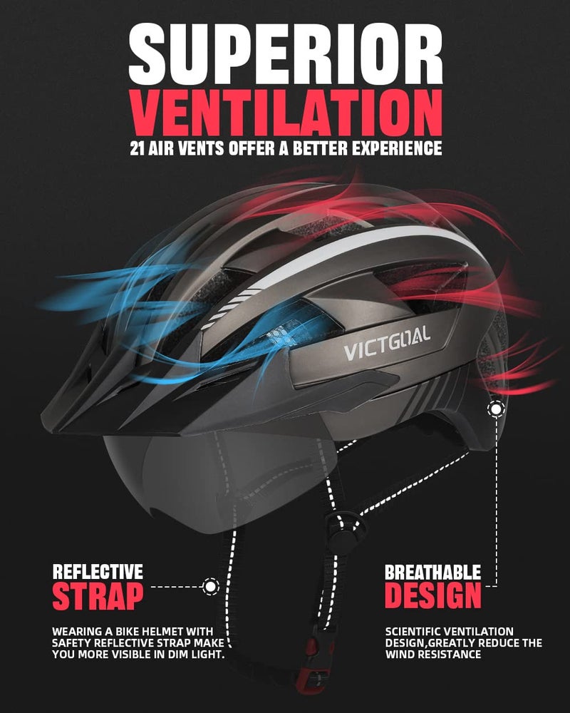 VICTGOAL Bike Helmet with USB Rechargeable Rear Light Detachable Magnetic Goggles Removable Sun Visor Mountain & Road Bicycle Helmets for Men Women Adult Cycling Helmets (L: 57-61 cm, Ti) - Image 3