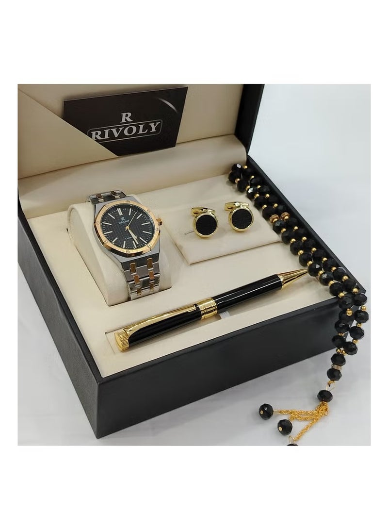 Men's stainless steel set consisting of a watch, a rosary, a pen and cufflinks