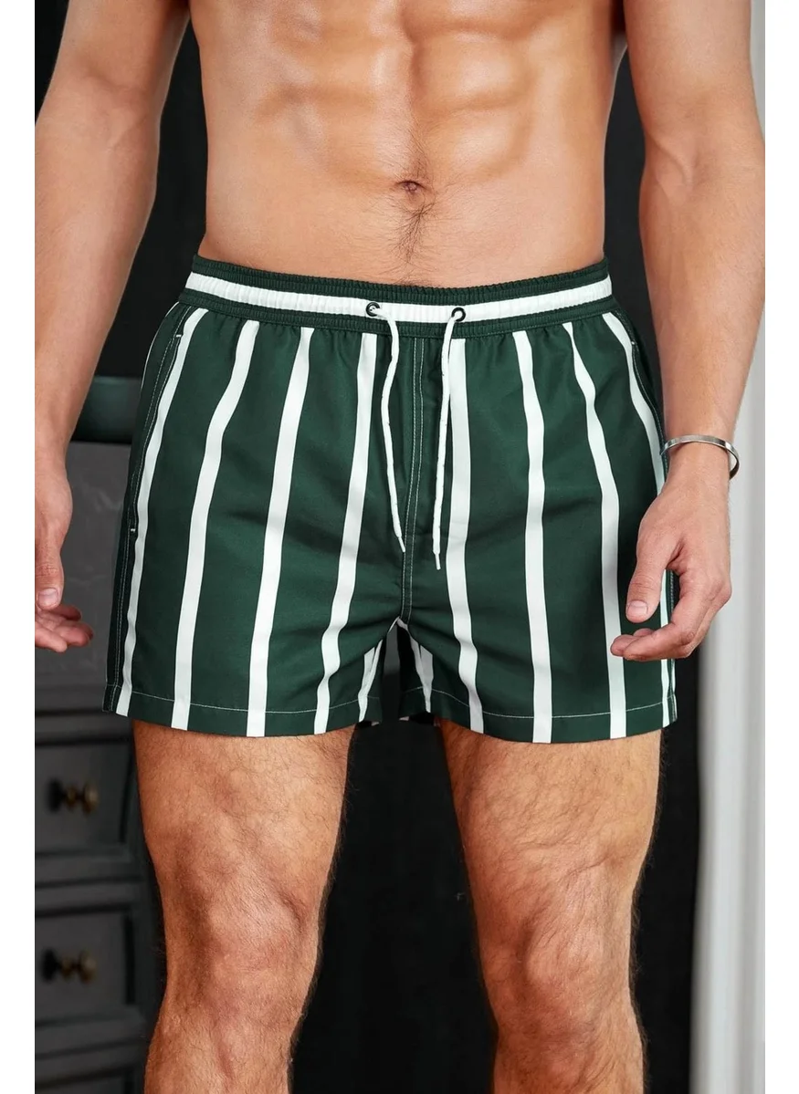 انجلسين Men's Basic Standard Size Striped Printed Swimsuit with Pocket Swim Shorts