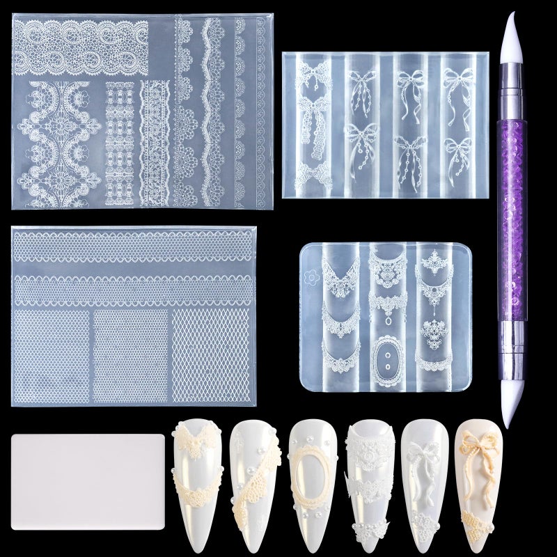 Laza 4pcs Lace Silicone Nail Art Molds, 3D Multiple Shapes Classical Lace Charms Silicone Nail Accessories with Carving Pen Resin Nail Art Mold Manicure Tools for Women DIY Y2k Decoration - Image 1