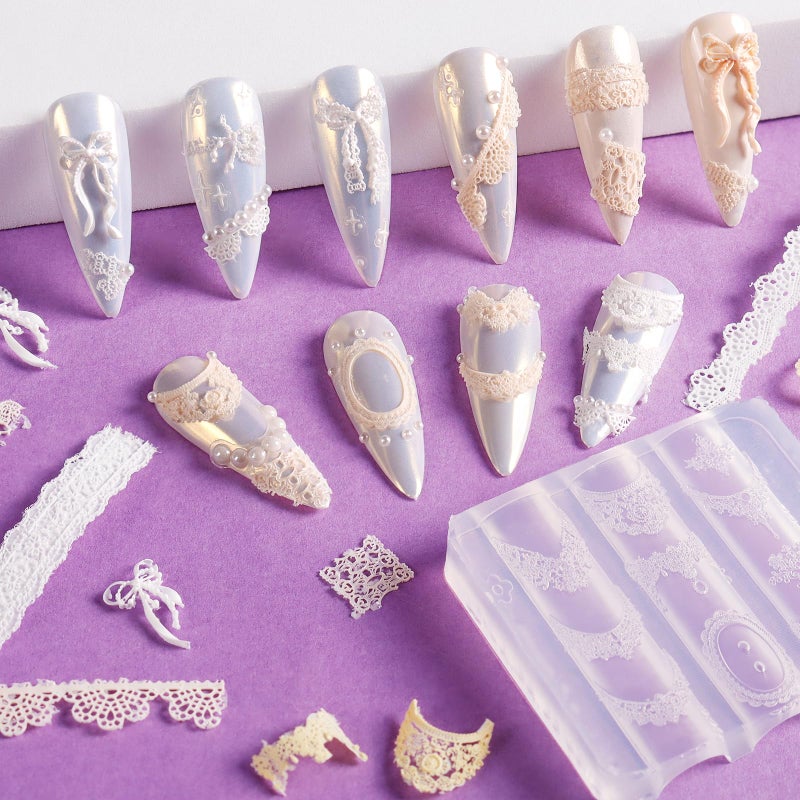 Laza 4pcs Lace Silicone Nail Art Molds, 3D Multiple Shapes Classical Lace Charms Silicone Nail Accessories with Carving Pen Resin Nail Art Mold Manicure Tools for Women DIY Y2k Decoration - Image 2