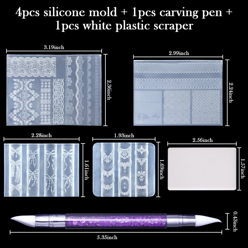 Laza 4pcs Lace Silicone Nail Art Molds, 3D Multiple Shapes Classical Lace Charms Silicone Nail Accessories with Carving Pen Resin Nail Art Mold Manicure Tools for Women DIY Y2k Decoration - Image 3