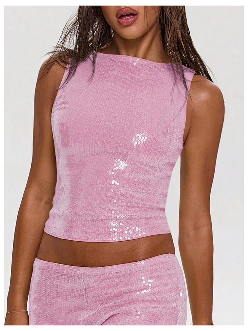 MakeMeChic Women's Sparkly Sequin Tops Y2k Sleeveless Crop Going Out Rave Tops Clubwear Pink Small - Image 5