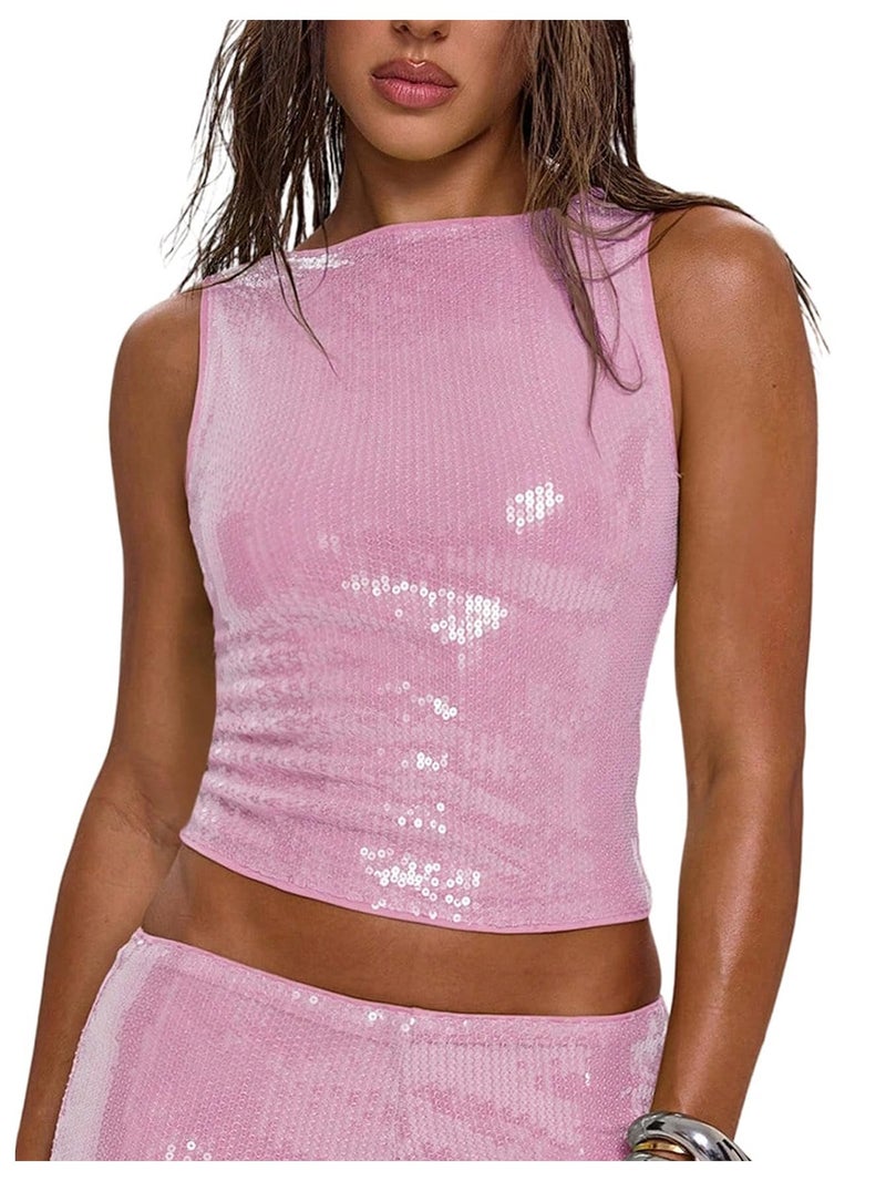 MakeMeChic Women's Sparkly Sequin Tops Y2k Sleeveless Crop Going Out Rave Tops Clubwear Pink Small - Image 1