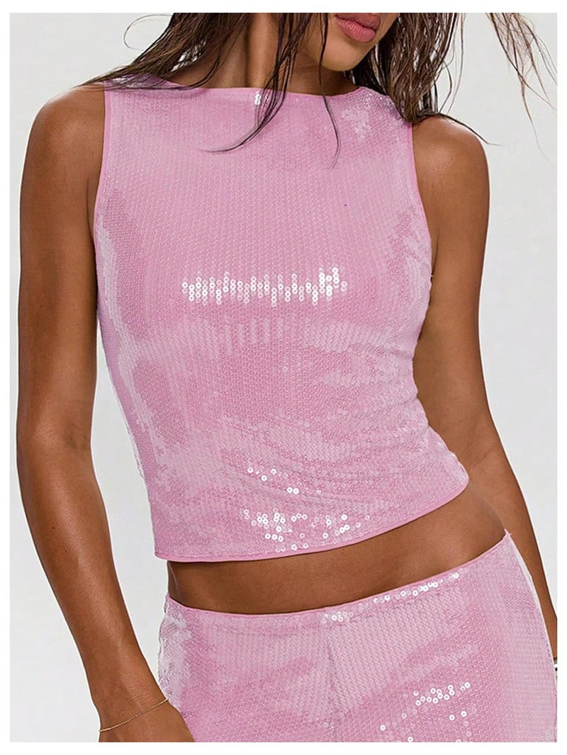 MakeMeChic Women's Sparkly Sequin Tops Y2k Sleeveless Crop Going Out Rave Tops Clubwear Pink Small - Image 2