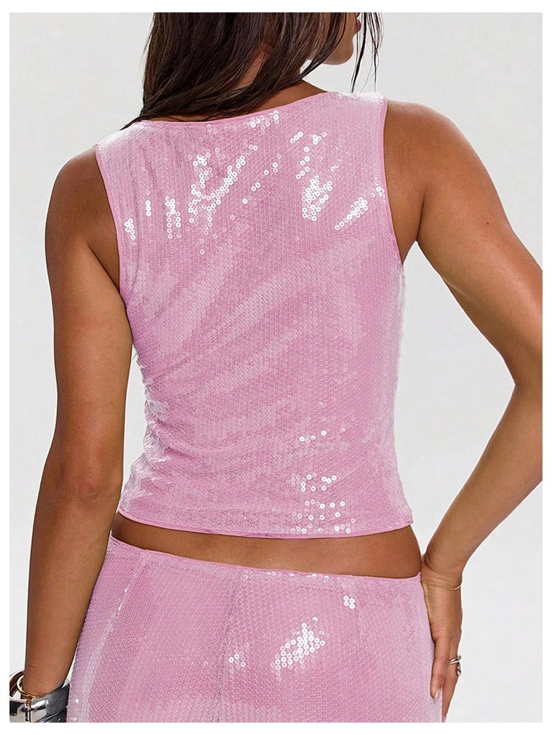 MakeMeChic Women's Sparkly Sequin Tops Y2k Sleeveless Crop Going Out Rave Tops Clubwear Pink Small - Image 4