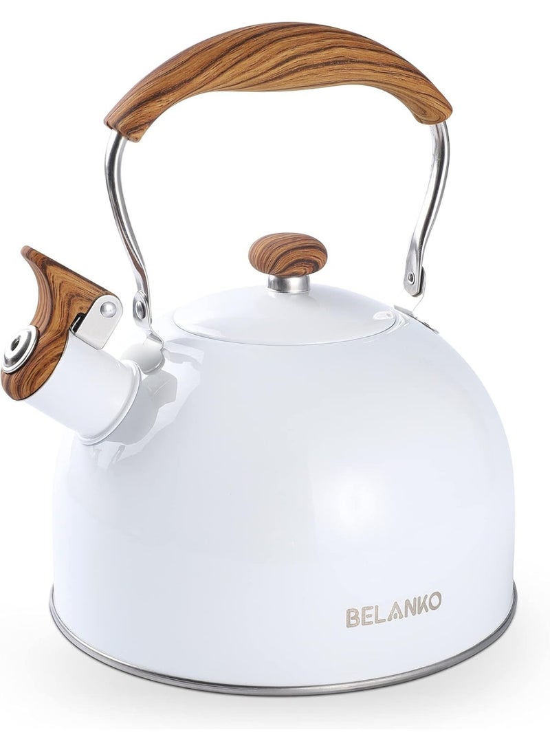85oz/2.5L Tea Kettle, Food Grade Stainless Steel Whistle Teapot with Wood Pattern Folding Handle, High Whistle Kettle for Tea, Coffee, Milk - Glossy White - Image 1